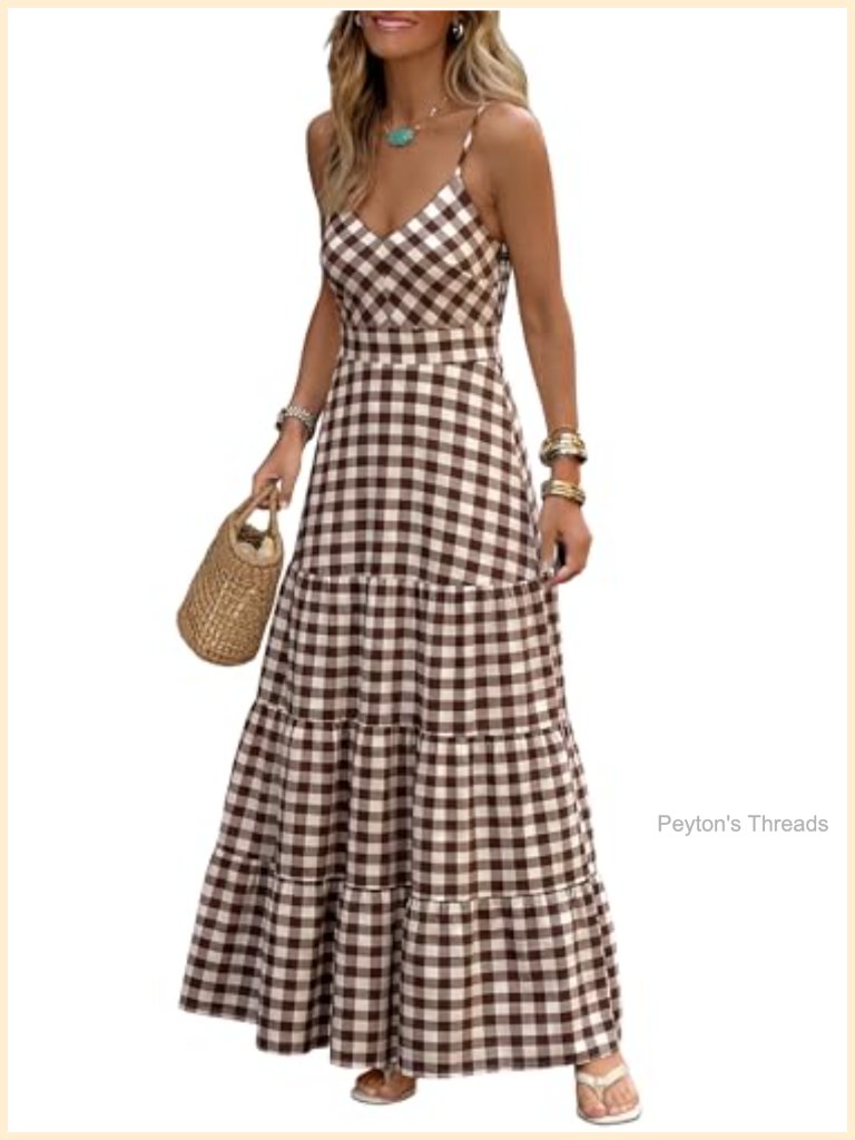 Gingham Striped Smocked Maxi Dress | Spaghetti Strap V-Neck Pockets A-Line Boho